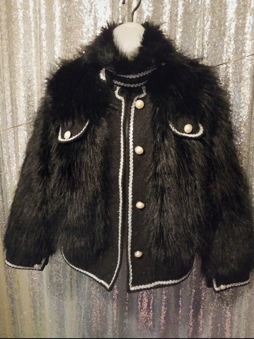 SEND OFFER! Vintage Black Faux Fur Trimmed Luxury Style Jacket